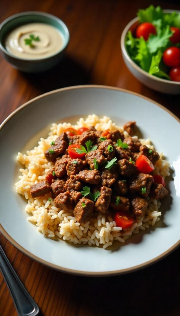 Savory Chopped Beef and Rice Pilaf