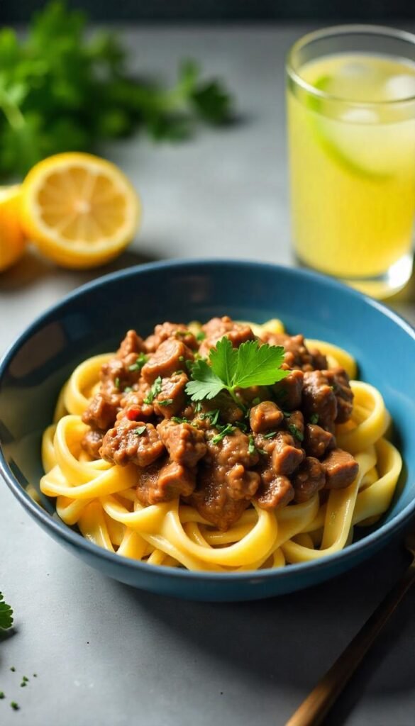 Savory Chopped Beef Stroganoff over Egg Noodles Savory Chopped Beef Stroganoff over Egg Noodles