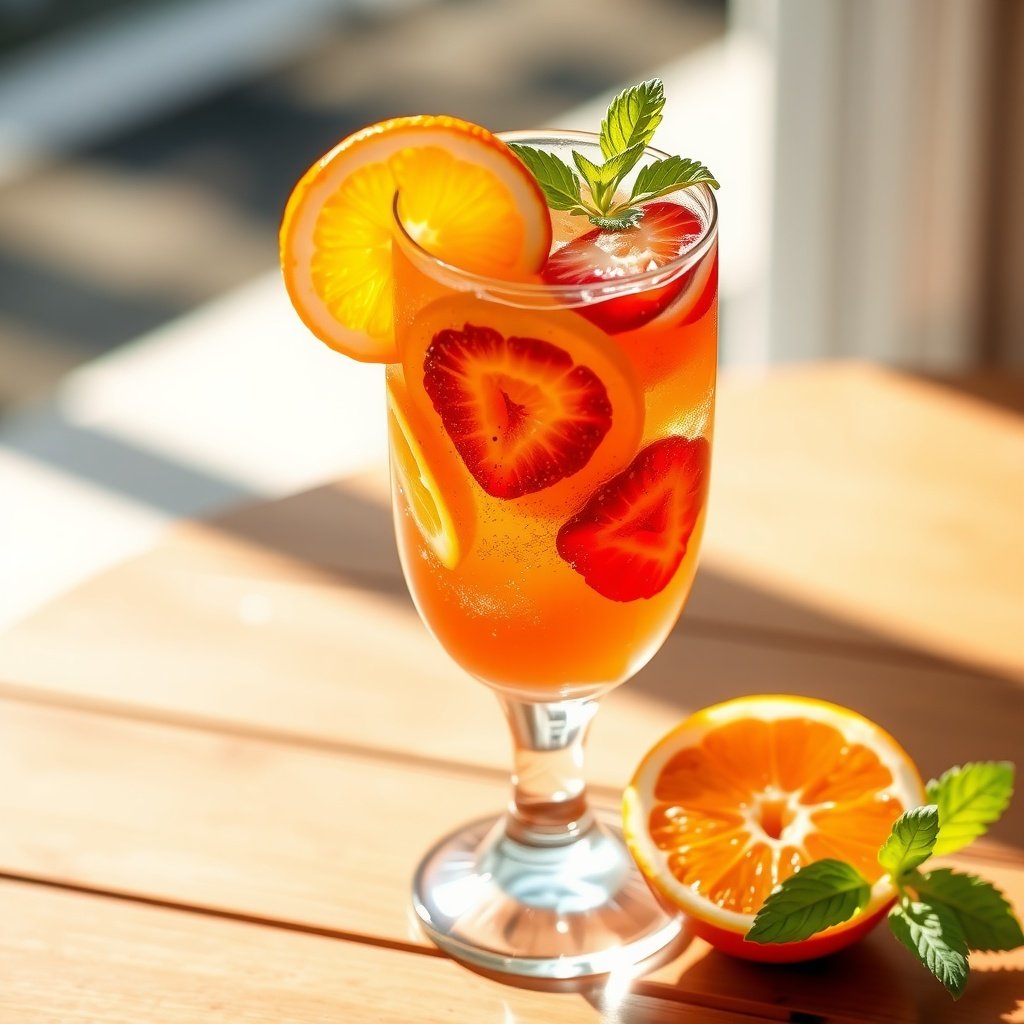 Refreshing Strawberry Orange Spritz A vibrant Strawberry Orange Spritz glass garnished with strawberries and orange slices on a rustic wooden table.