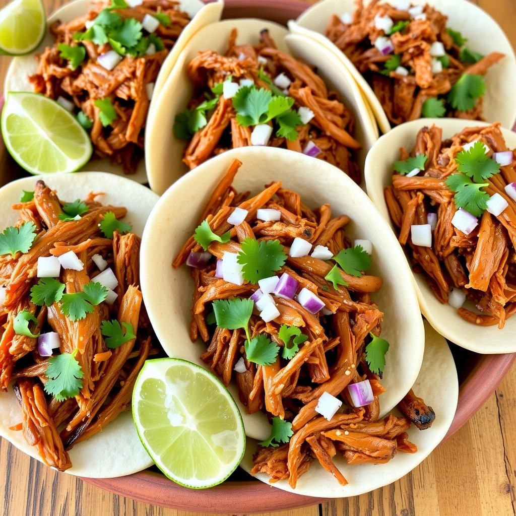 Pulled pork tacos with cilantro and onions on a wooden platter, served with lime wedges.