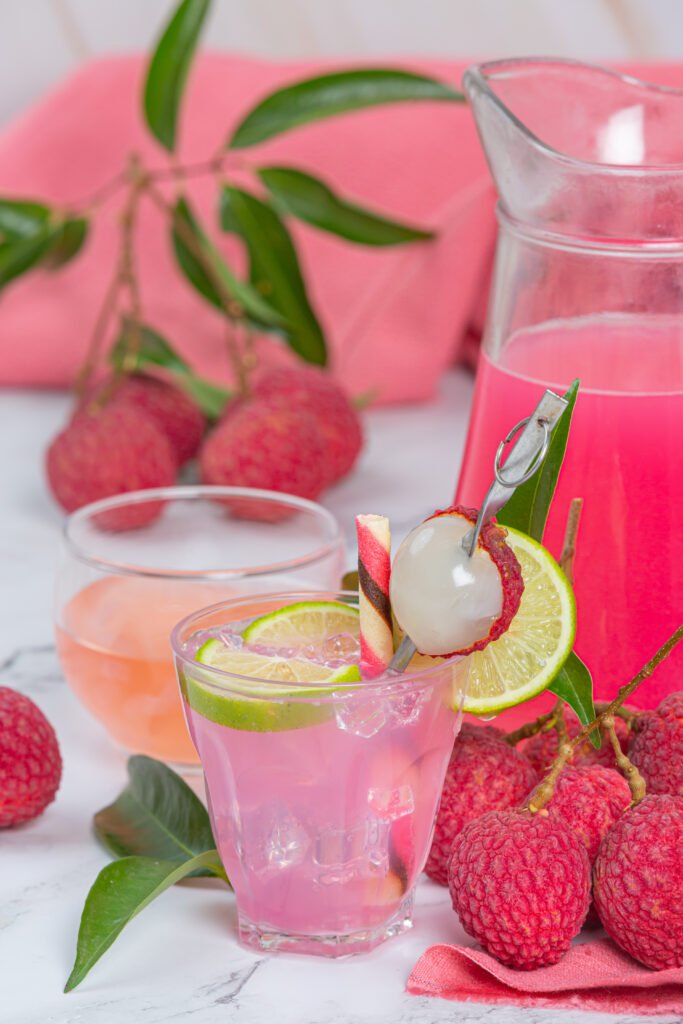 Lychee jelly, seasonal fruit and beautifully decorated Thai dess