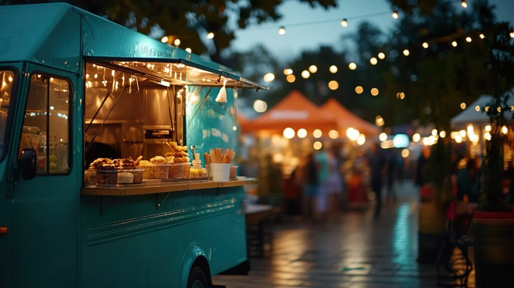 teal-food-truck-at-night-market-with-string-lights-812546991610