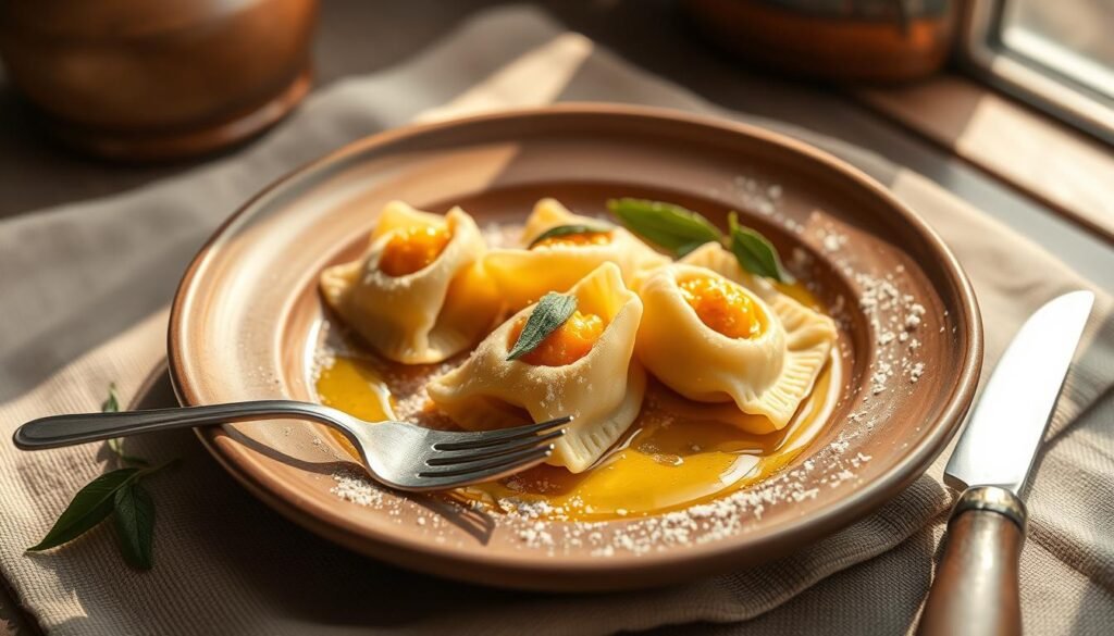 Cappellacci di zucca on a rustic plate Cappellacci di zucca on a rustic plate