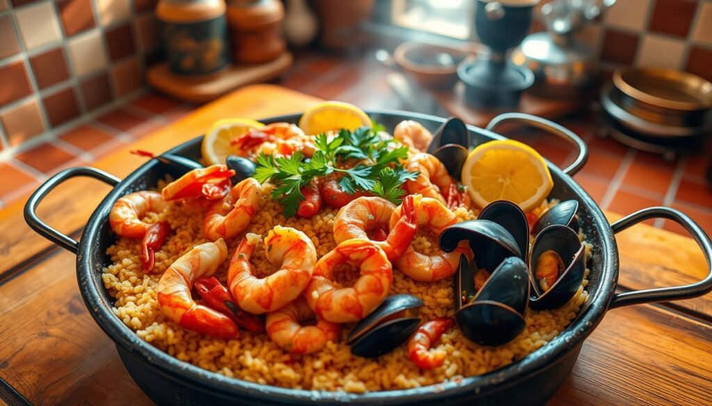 Catalan paella with vibrant seafood