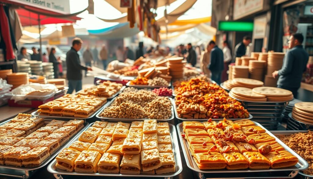 Central Asian pastries displayed in a Kashgar market stall