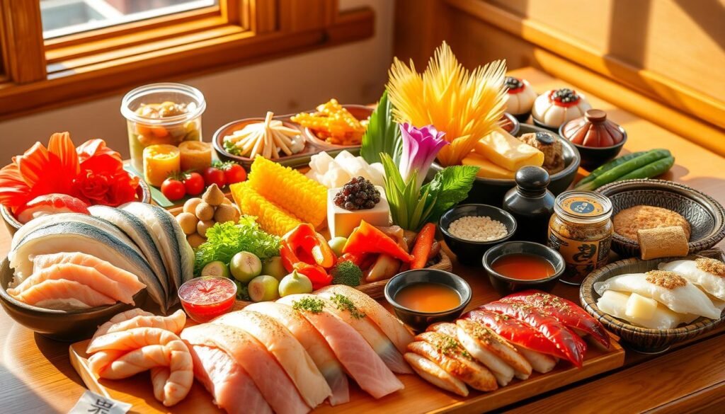 Hakodate specialty foods arranged in vibrant displays