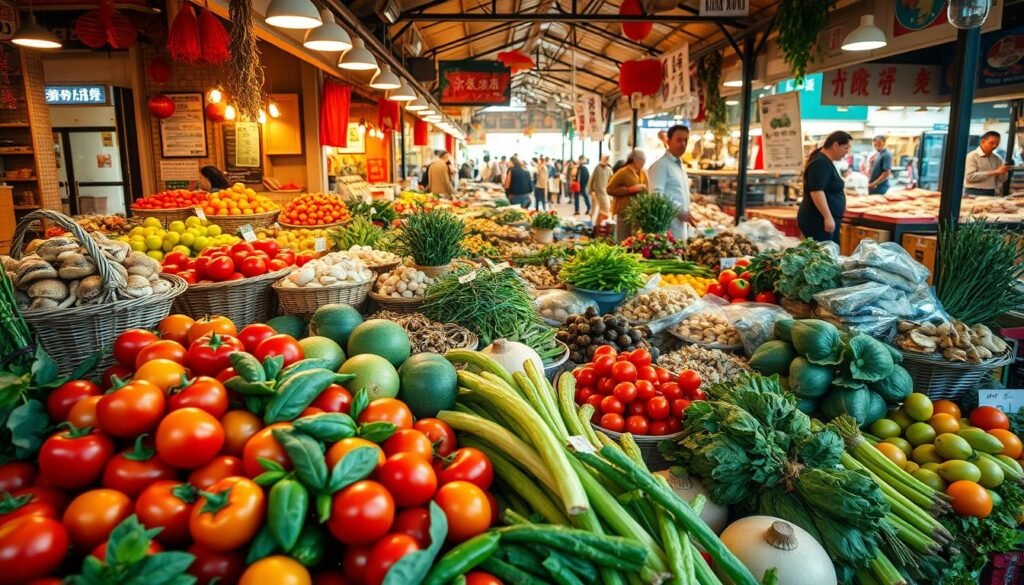 Hangzhou seasonal ingredients arranged in a vibrant market display