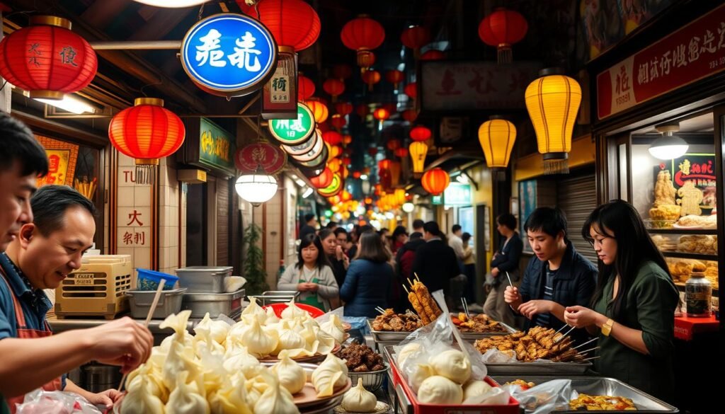Hangzhou street food stalls glowing under night lights