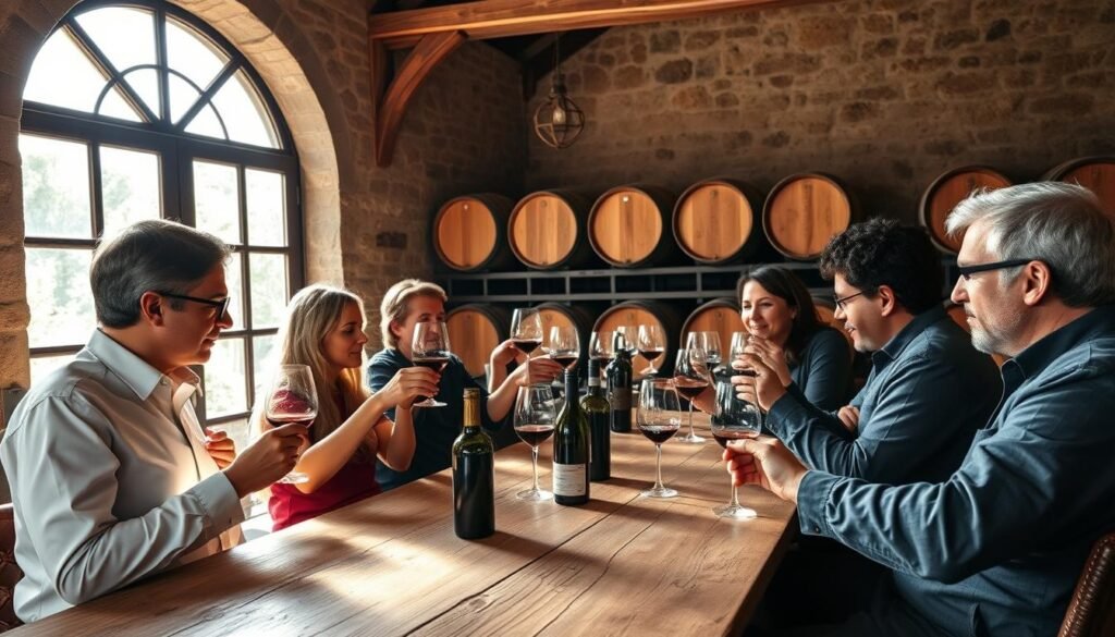 Italian wine tasting etiquette in a rustic winery