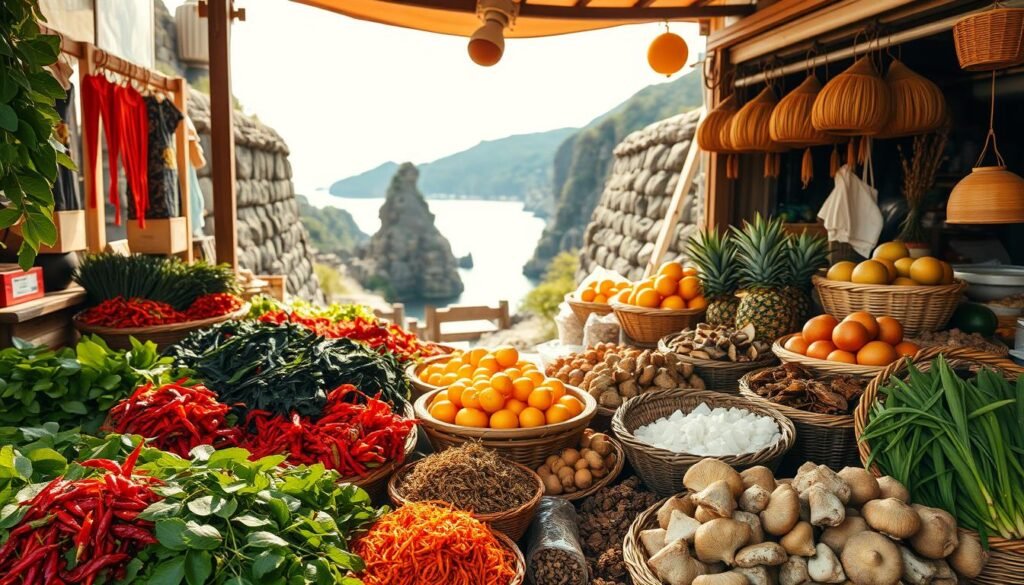 Jeju specialty ingredients displayed at a market stall