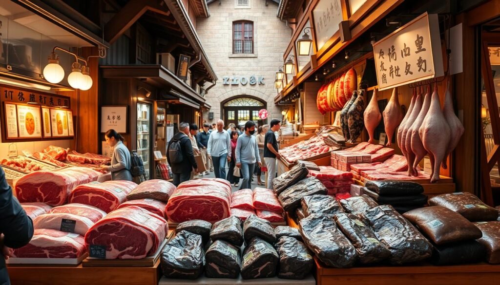 Kagoshima black meats displayed in a traditional market