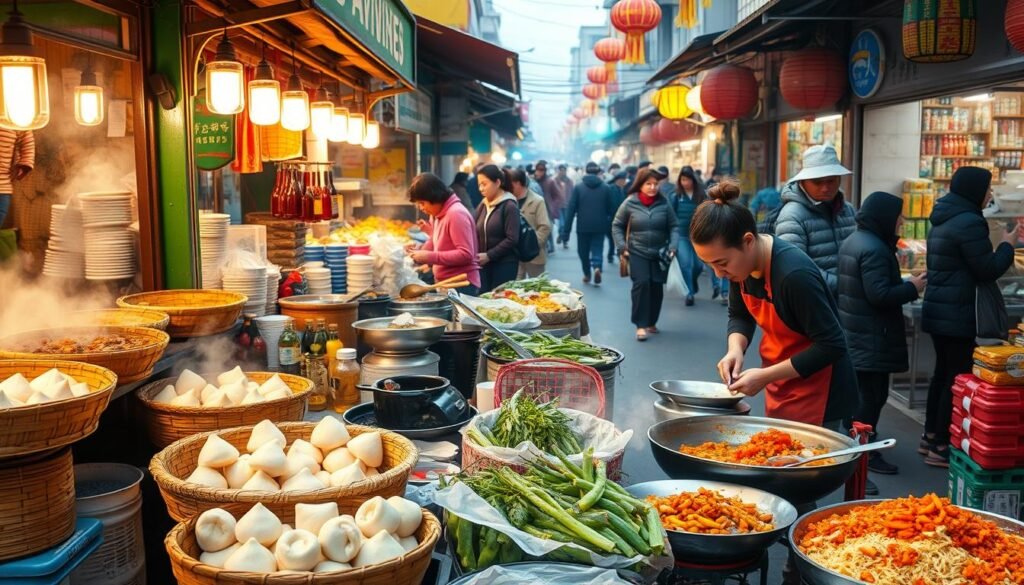 Kunming street food vendors preparing morning dishes in Yunnan markets
