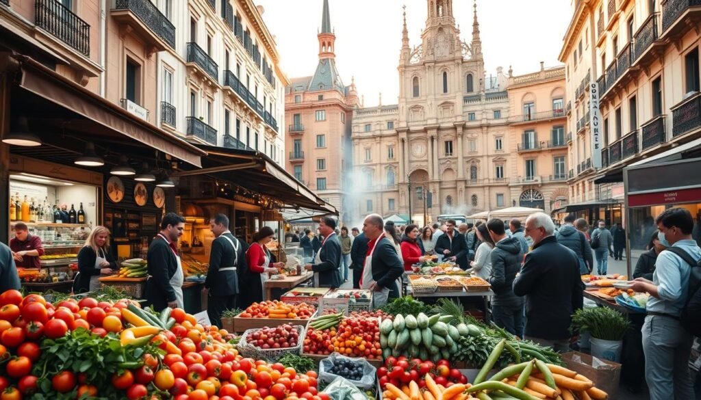 Madrid's vibrant market scene showing Spanish capital cuisine
