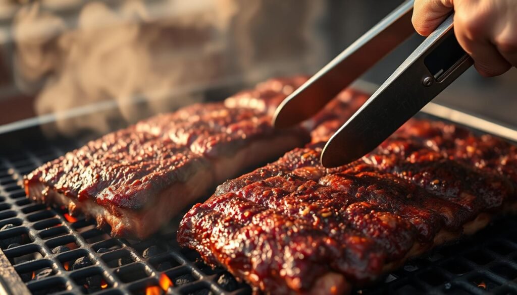 Memphis BBQ dry rub ribs smoking on a grill