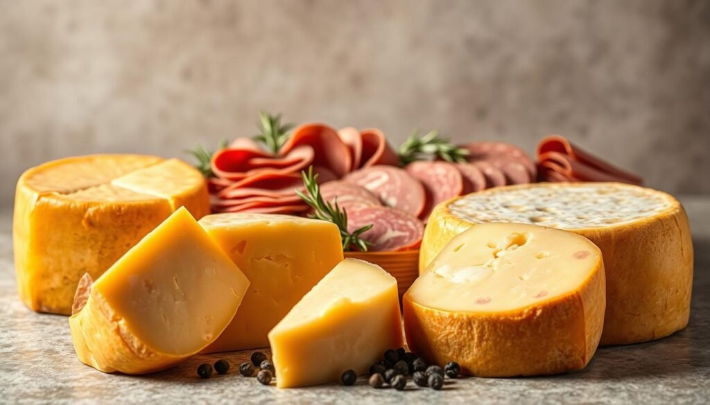 Modena food specialties: cheese wheels and cured meats Modena food specialties: cheese wheels and cured meats