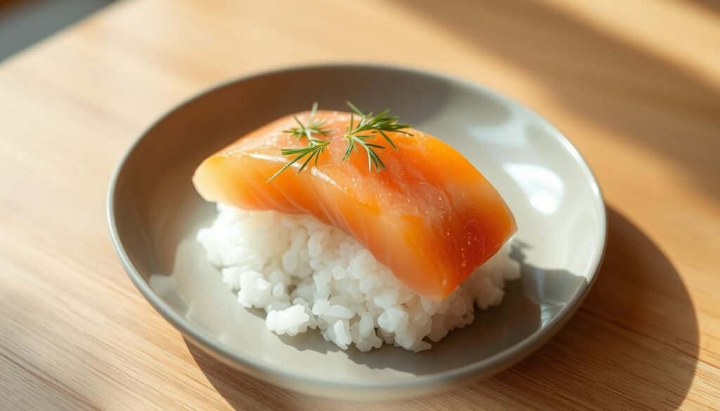Nordic sushi fusion dish with arctic char and dill Nordic sushi fusion dish with arctic char and dill