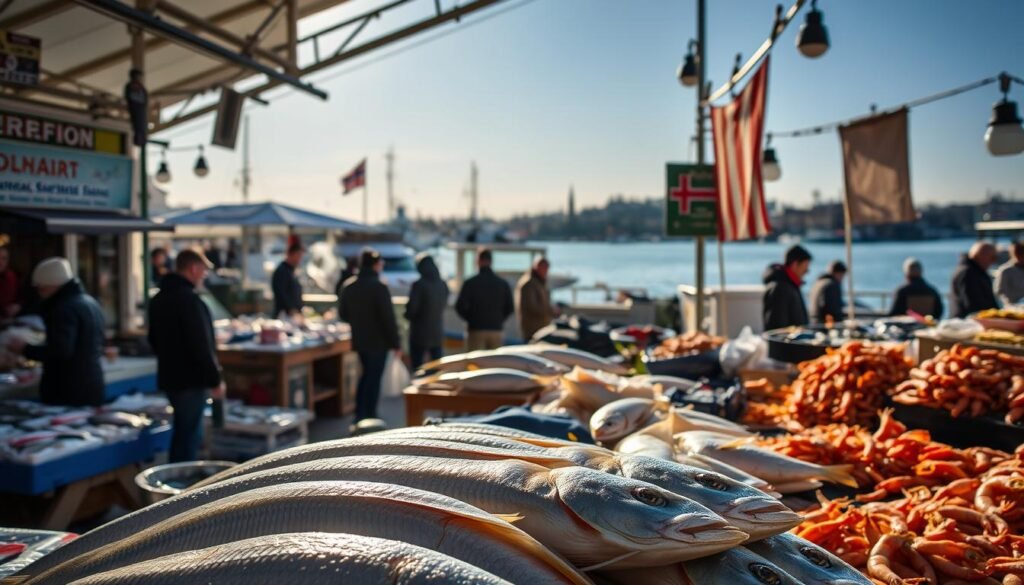 Oslo seafood market with lutefisk display Oslo seafood market with lutefisk display