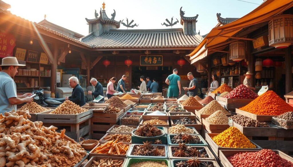 Spices at Kunming market highlighting historical spice trade Yunnan