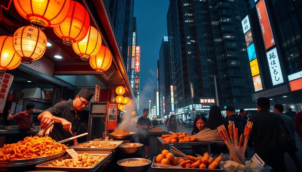 Tokyo street food stall glowing under streetlights Tokyo street food stall glowing under streetlights
