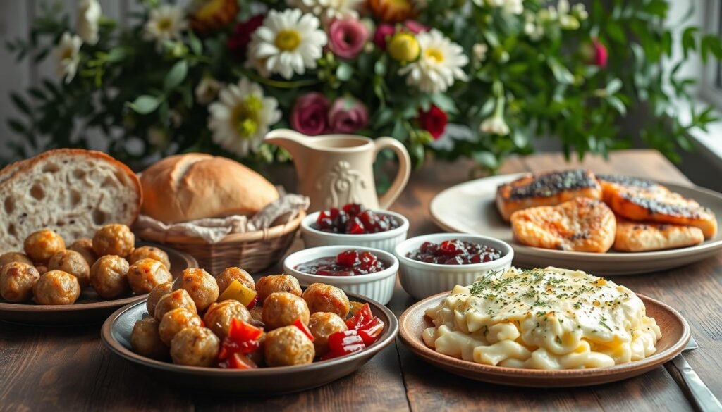 Traditional Swedish dishes on a wooden table