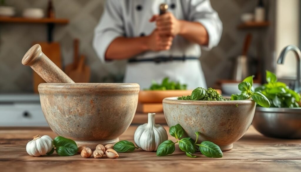 Traditional pesto making with mortar and pestle Traditional pesto making with mortar and pestle