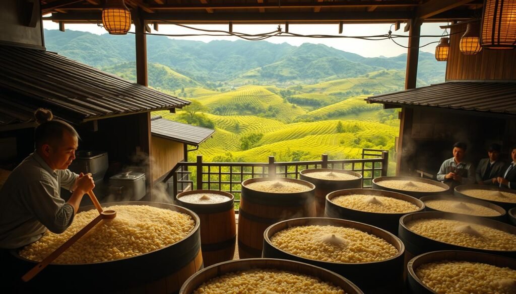 Traditional sake brewing process in Nara Traditional sake brewing process in Nara