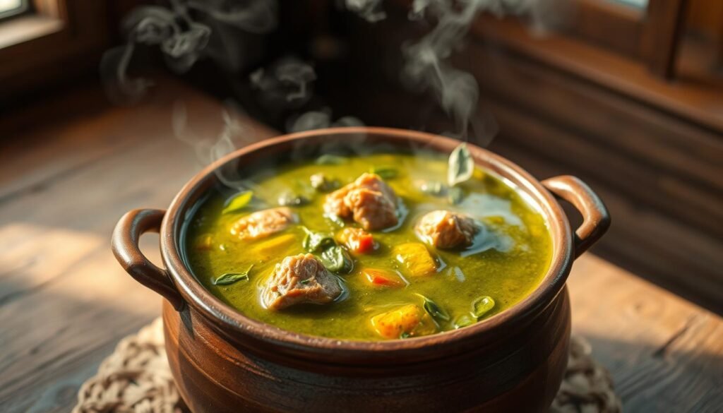 Trinidadian callaloo stew simmering in a clay pot