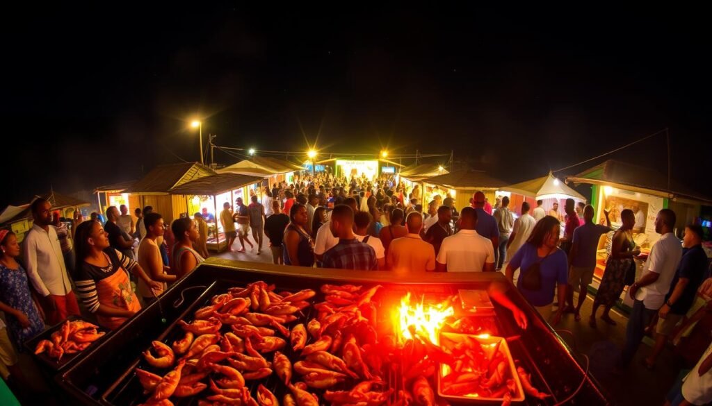 Vibrant night scene at Oistins Fish Fry Barbados