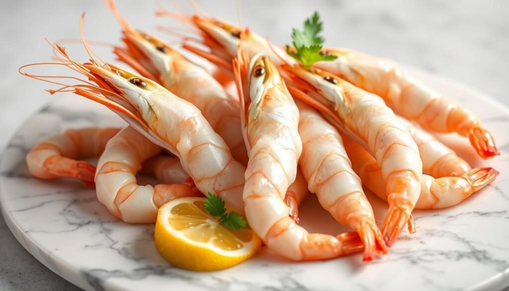 White prawns Andalusia on a marble plate with lemon wedges