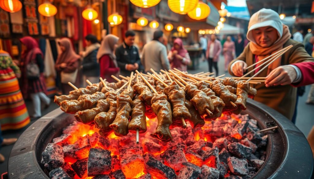 Xinjiang lamb skewers sizzling on a grill