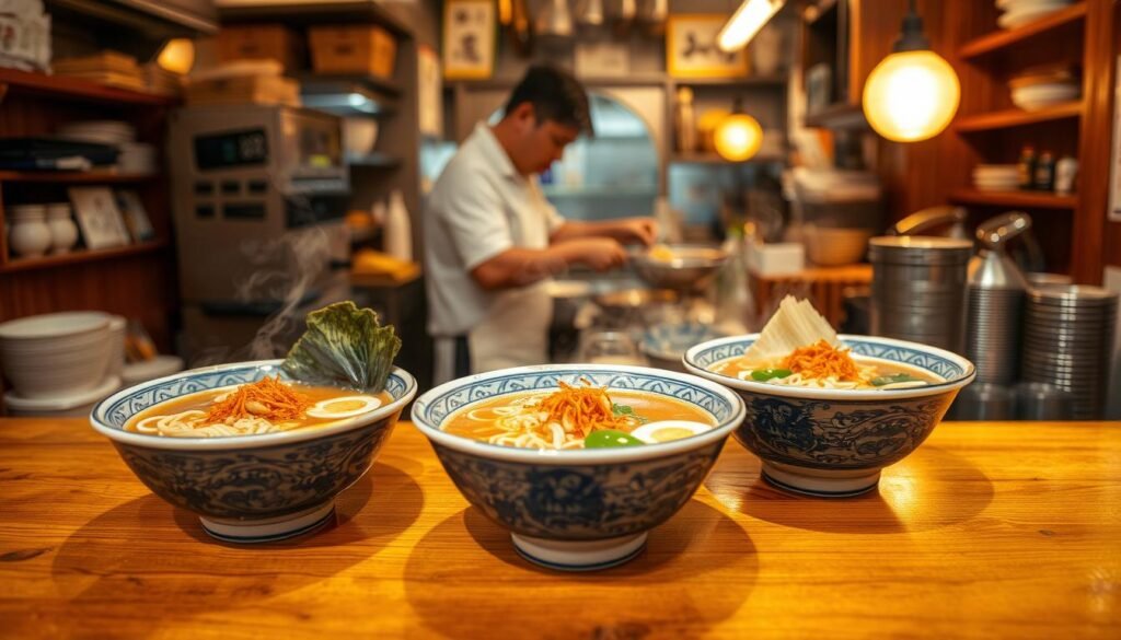 Yokohama ramen bowls in a traditional shop Yokohama ramen bowls in a traditional shop