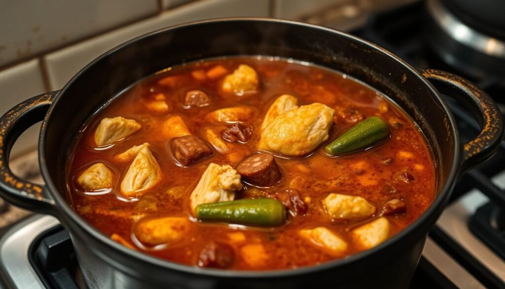 authentic New Orleans gumbo simmering in a cast-iron pot