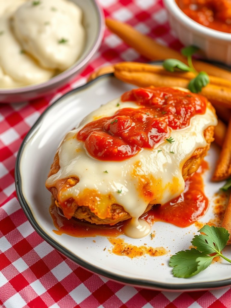 A serving of baked chicken parmesan topped with marinara and mozzarella cheese, beside carrots and a bowl of creamy sauce on a checkered tablecloth.