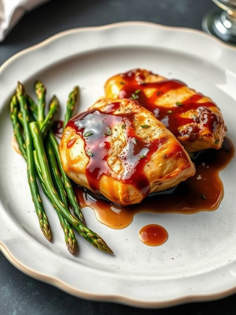 Balsamic glazed chicken thighs served with asparagus on a white plate