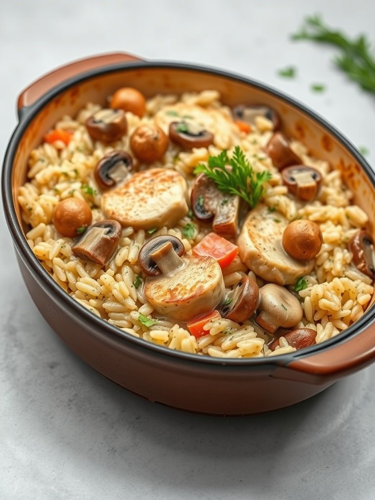 A delicious serving of chicken and mushroom risotto with herbs and vegetables