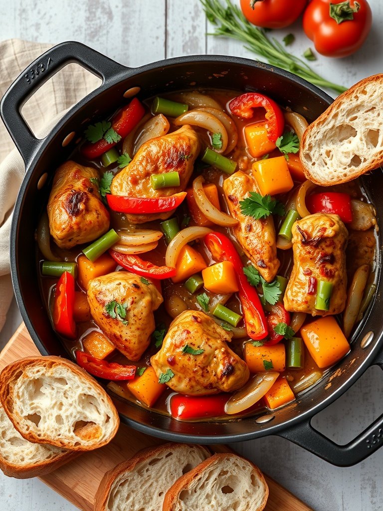 A delicious Chicken Cacciatore dish with bell peppers, onions, and fresh herbs served in a black pot