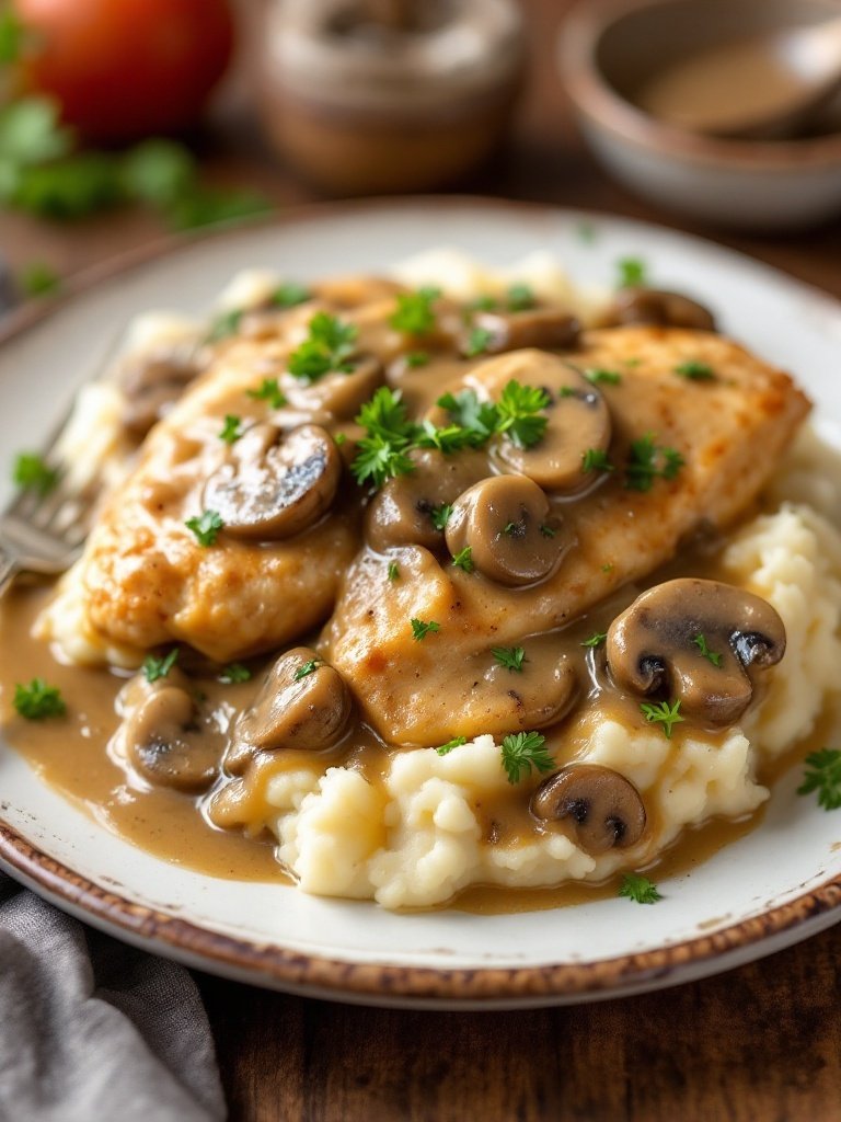 Plate of Chicken Marsala with mushrooms and mashed potatoes