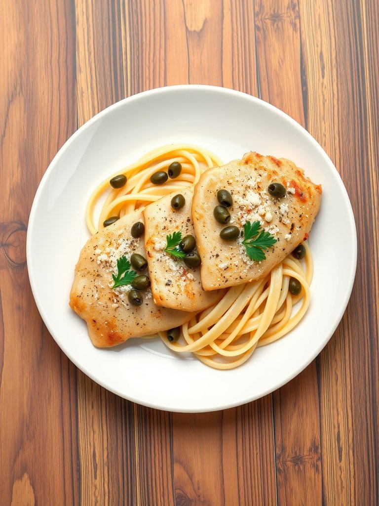 Plate of Chicken Piccata with capers and pasta, garnished with parsley.