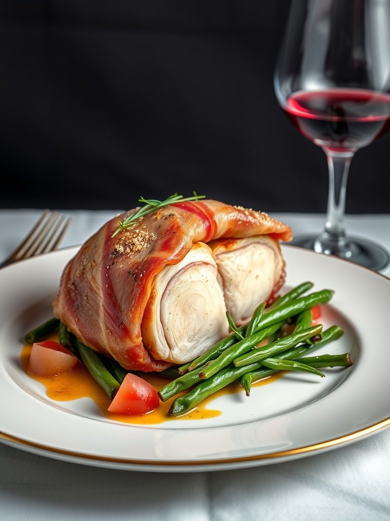 Plate of Chicken Saltimbocca wrapped in prosciutto on a bed of green beans and tomatoes, with a glass of red wine in the background.