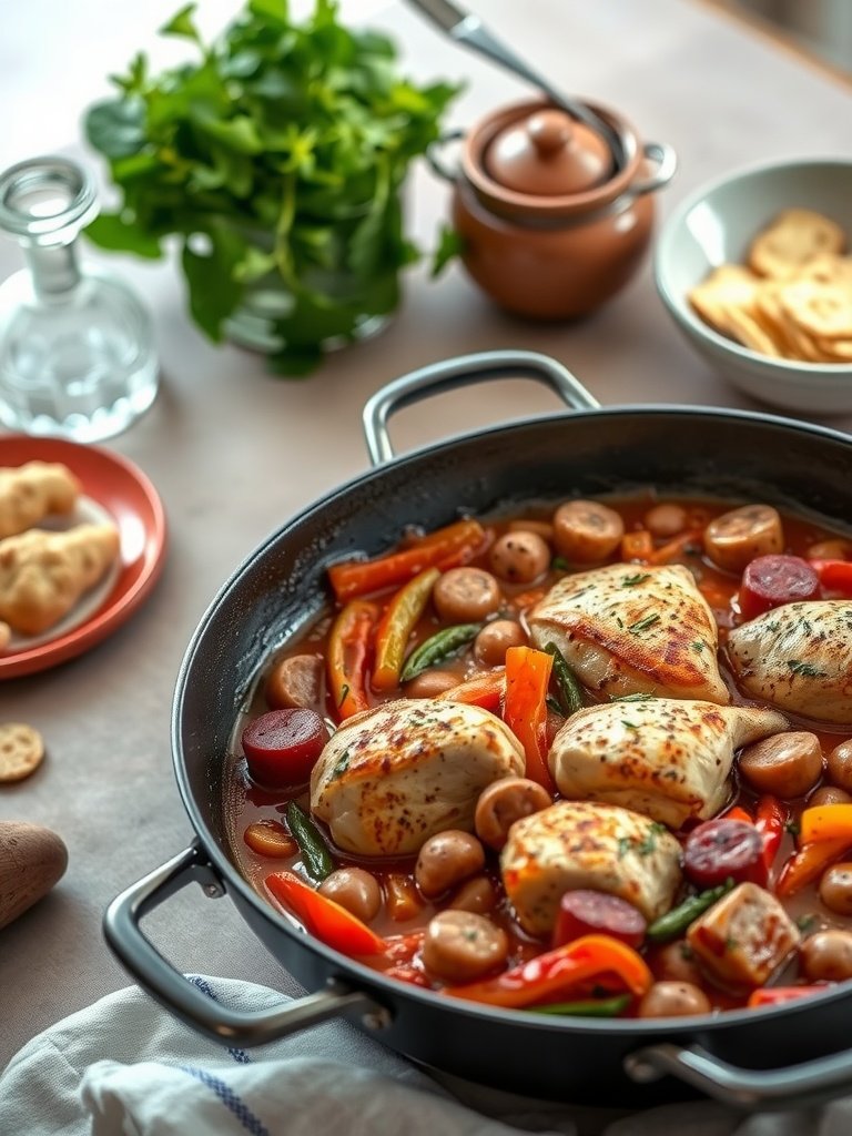 A savory Chicken Scarpariello with Sausage featuring chicken, sausage, peppers, and potatoes in a skillet.