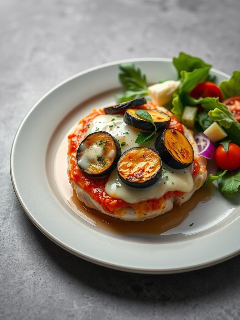 A plate of Chicken Sorrentino featuring chicken topped with eggplant, marinara sauce, and melted cheese, accompanied by a fresh salad.