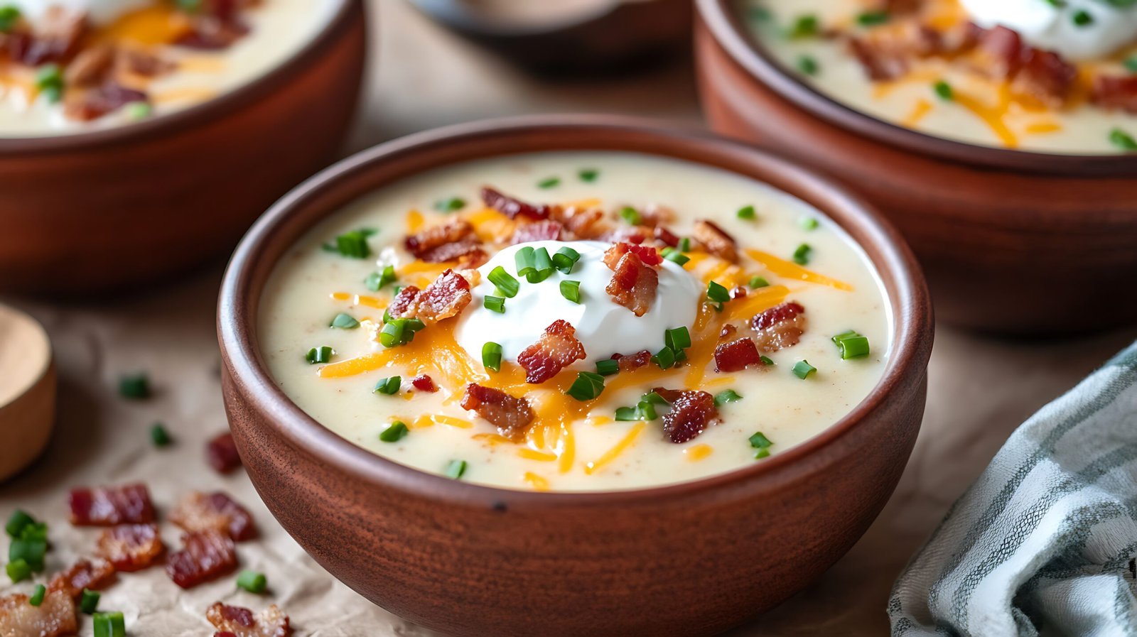 Creamy potato soup with bacon and cheese, food closeup