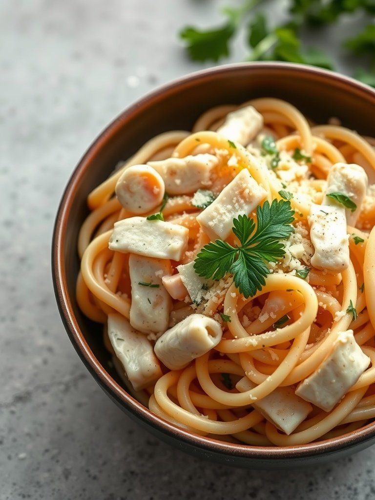 A bowl of creamy Chicken Alfredo with spaghetti and chicken pieces topped with parsley.