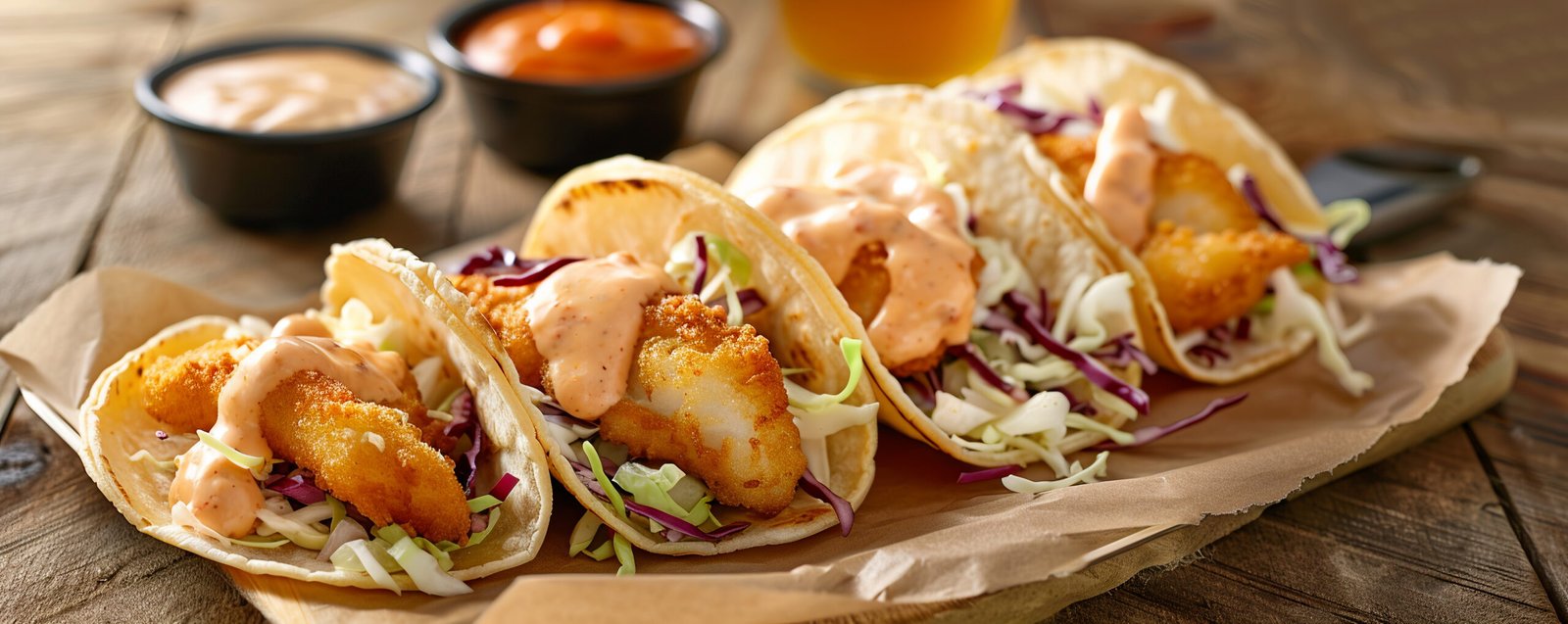 Crispy beer-battered fish tacos with cabbage slaw and chipotle mayo.