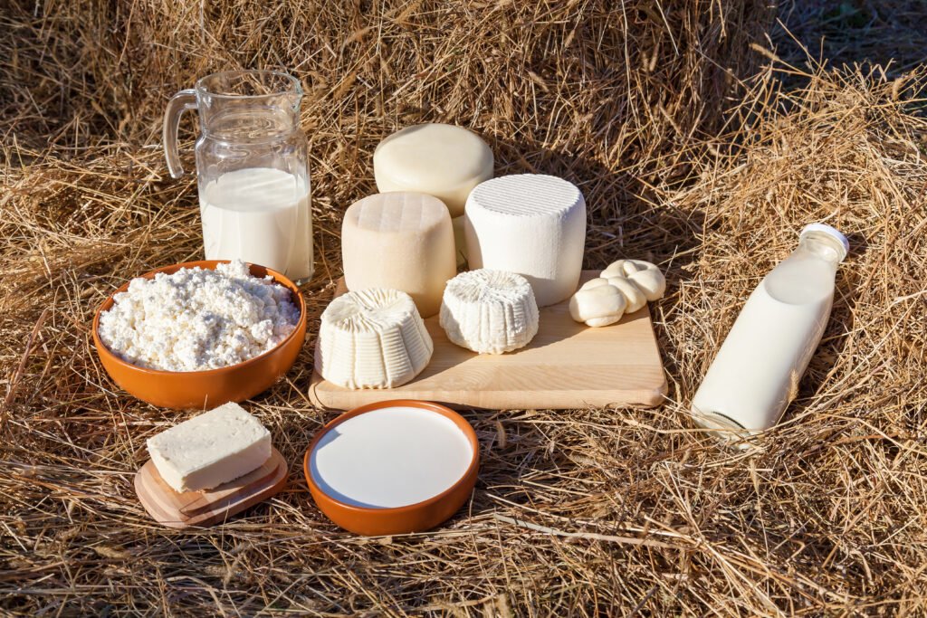 dairy products on the background of hay