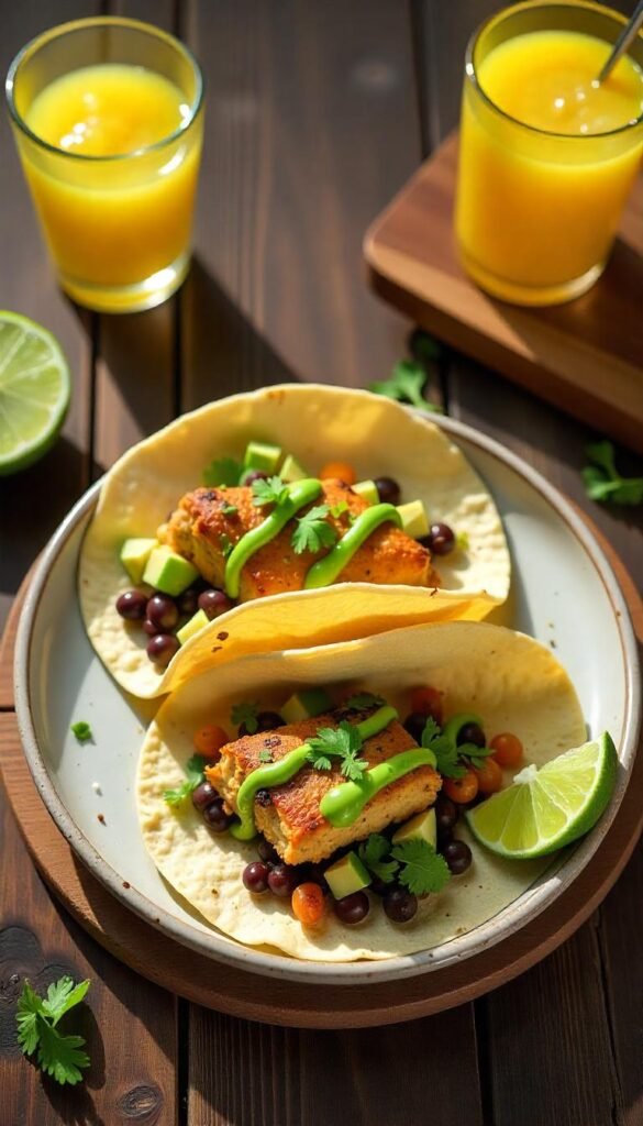 create Zesty Black Bean and Cod Tacos, with sauces, juice , avocado, lime wedge for serving