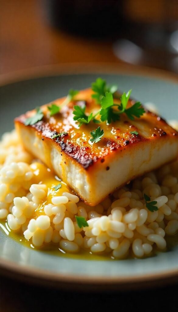 Pan-Seared Sea Bass with Roasted Garlic Sauce