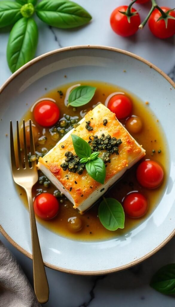 Baked Cod with Pesto and Cherry Tomatoes