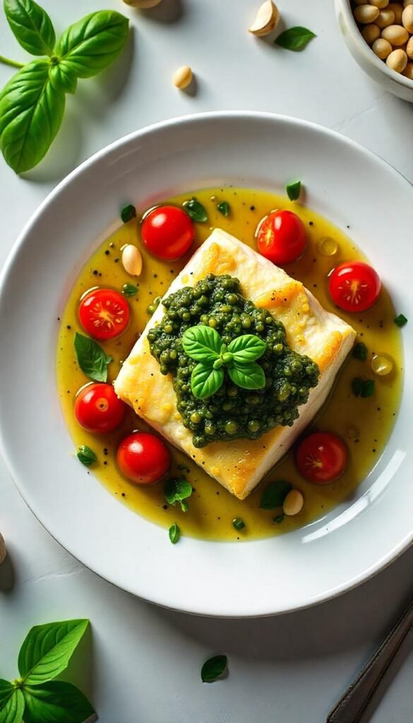 Baked Cod with Pesto and Cherry Tomatoes