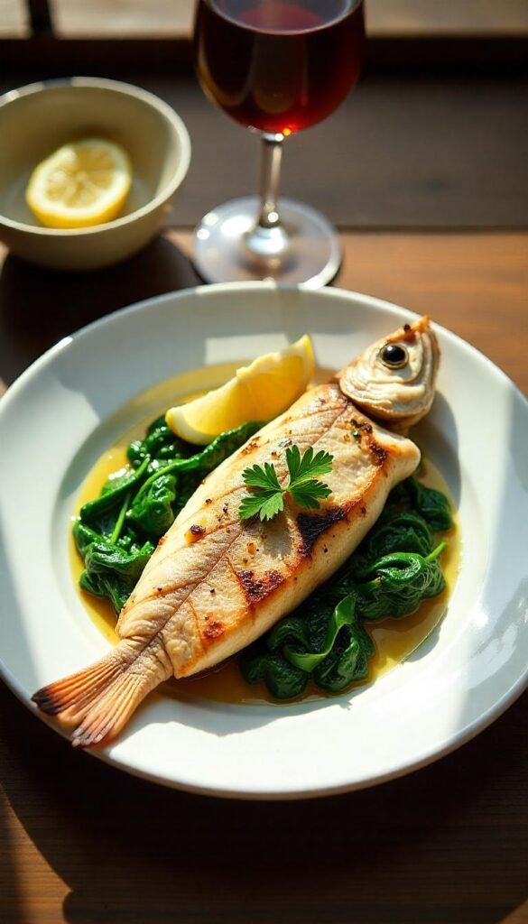 Grilled Branzino with Garlic Sautéed Spinach